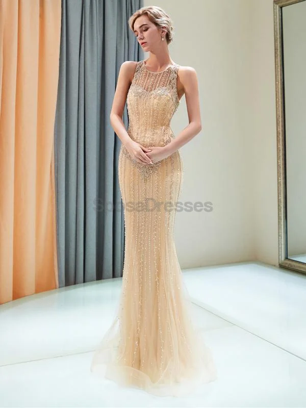 Tulip skirt casual maxi dress-Scoop Heavily Beaded Rhinestone Beaded Mermaid Evening Prom Dresses, Evening Party Prom Dresses, 12043