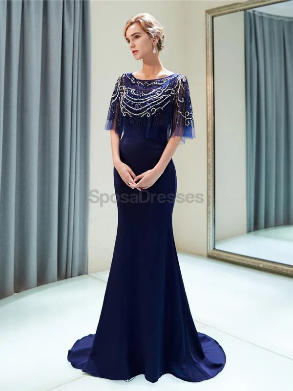 Cotton fabric casual maxi dress-Scoop Navy Beaded 1/2 Long Sleeves Mermaid Evening Prom Dresses, Evening Party Prom Dresses, 12029