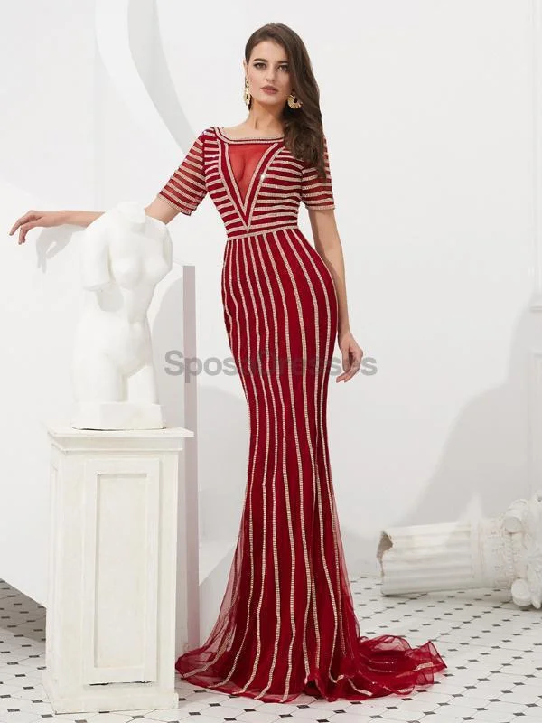 Boho print summer maxi dress-Scoop Short Sleeves Beaded Red Evening Prom Dresses, Evening Party Prom Dresses, 12081