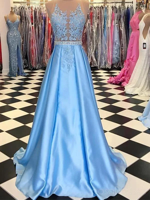 Boho chic maxi dress-See Through Backless Halter Blue A-line Sparkly Tulle Long Evening Prom Dresses, 17563