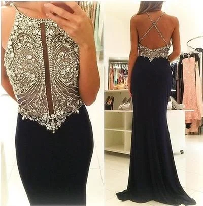 Lace trim elegant maxi dress-Sexy Backless Beaded Mermaid Evening Prom Dresses, Black Long Party Prom Dress, Custom Long Prom Dresses, Cheap Formal Prom Dresses, 17075