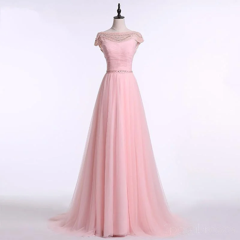 Cascading ruffle formal maxi dress-Sexy Backless Cap Sleeve Blush Pink Beaded Long Evening Prom Dresses, Popular Cheap Long 2018 Party Prom Dresses, 17241