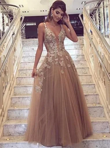 Off-shoulder formal maxi dress-Sexy Backless Deep V Neckline Lace A line Lace Long Custom Evening Prom Dresses, 17407