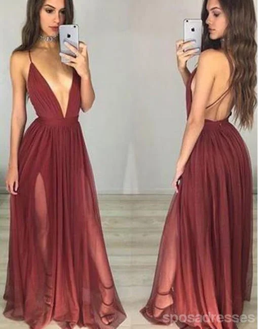 Flutter sleeve summer maxi dress-Sexy Backless Deep V Neckline Side Slit Chiffon Long Evening Prom Dresses, Popular Cheap Long Custom Party Prom Dresses, 17326