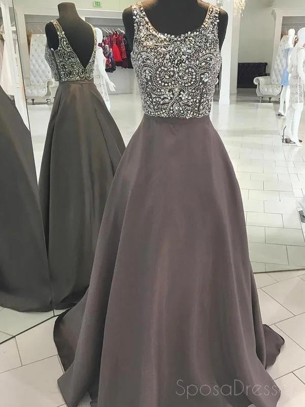 Layered tulle formal maxi dress-Sexy Backless Grey Beaded V Neck A-line Long Evening Prom Dresses, 17517