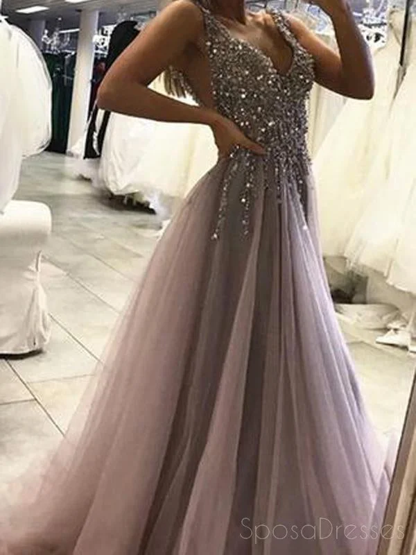 Dolman sleeve formal maxi dress-Sexy Backless Grey V Neck Beaded Long Custom Evening Prom Dresses, 17437