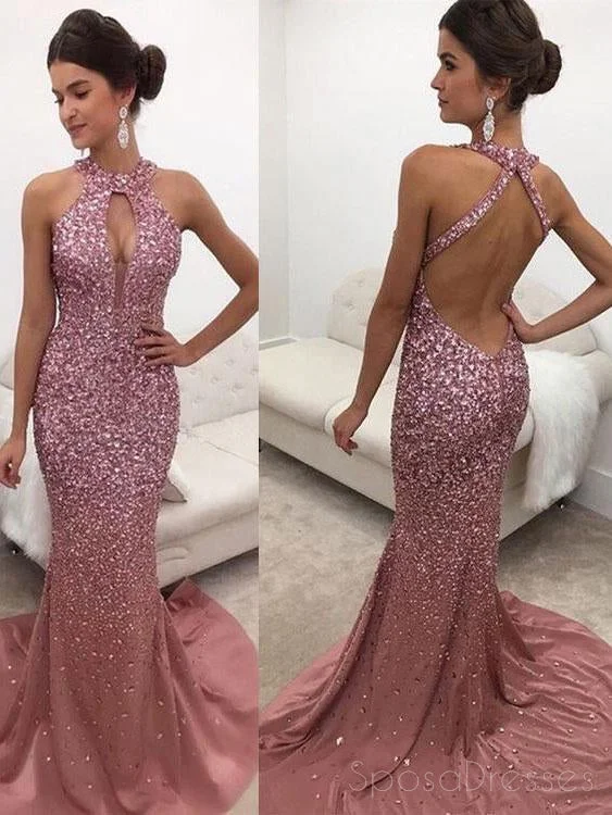 Tiered bodice boho maxi dress-Sexy Backless Halter Rhinestone Mermaid Floor Length Custom Long Evening Prom Dresses, 17380