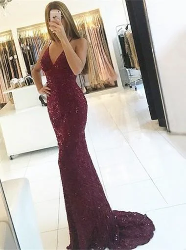 Side slit summer maxi dress-Sexy Backless Lace Beaded Maroon Mermaid Long Evening Prom Dresses, 17599