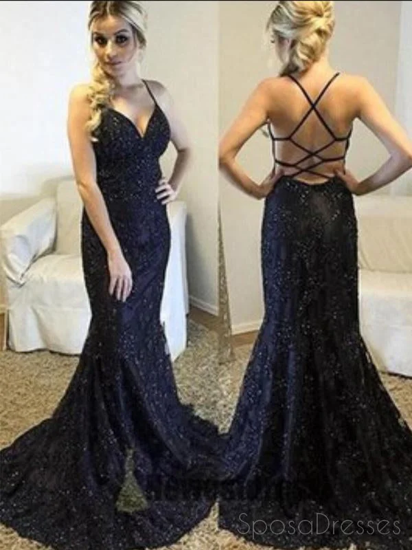 Spaghetti strap summer maxi dress-Sexy Backless Navy Lace Mermaid Long Evening Prom Dresses, 17698