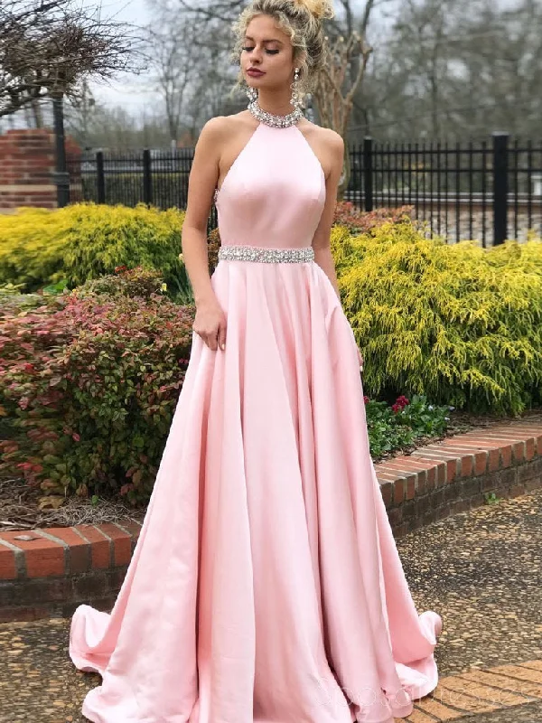 Velvet texture maxi dress-Sexy Backless Pink Halter A-line Long Evening Prom Dresses, 17685