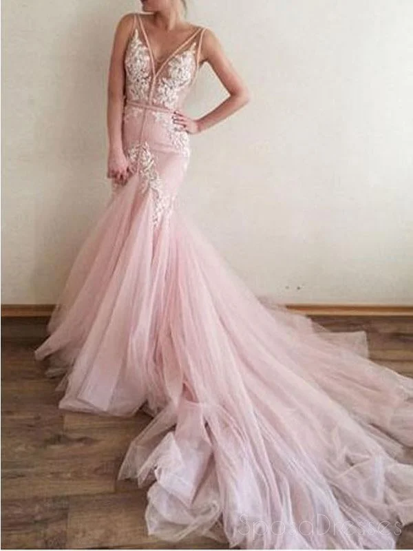 Metallic thread formal maxi dress-Sexy Backless Pink Lace Straps V Neck Long Evening Prom Dresses, 17515