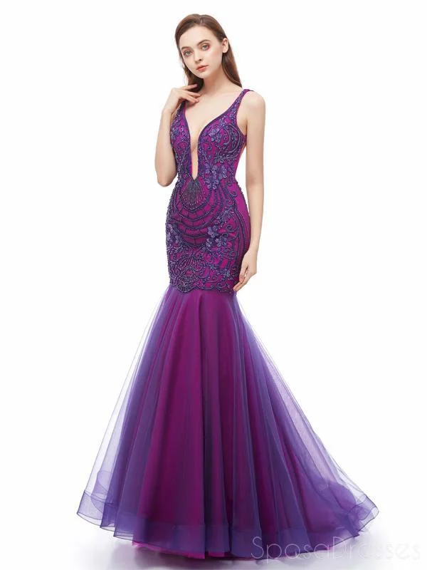 Keyhole back maxi dress-Sexy Backless Purple V Neck Mermaid Evening Prom Dresses, Evening Party Prom Dresses, 12107