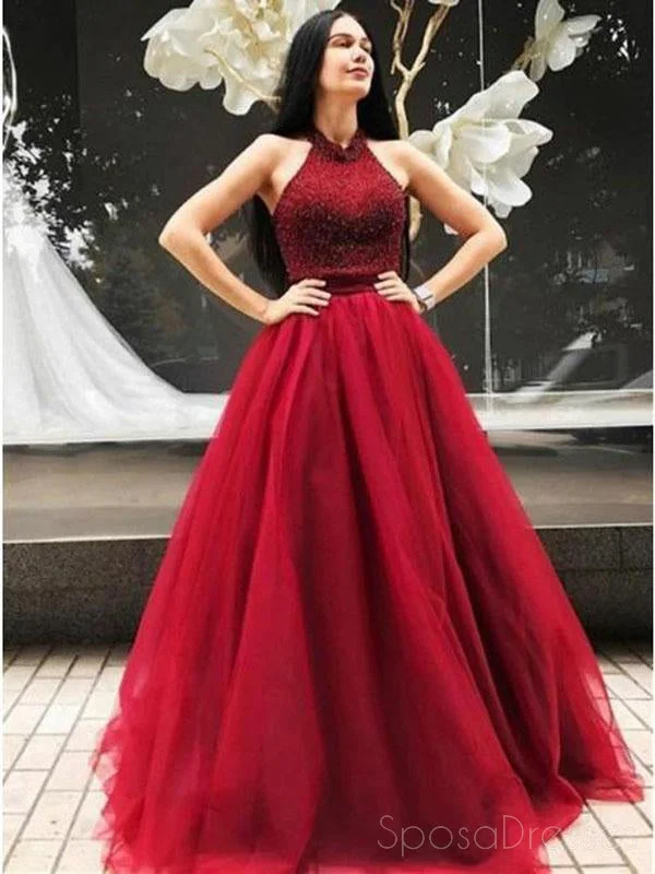 Tulip skirt casual maxi dress-Sexy Backless Red Halter Beaded A-line Long Evening Prom Dresses, 17686