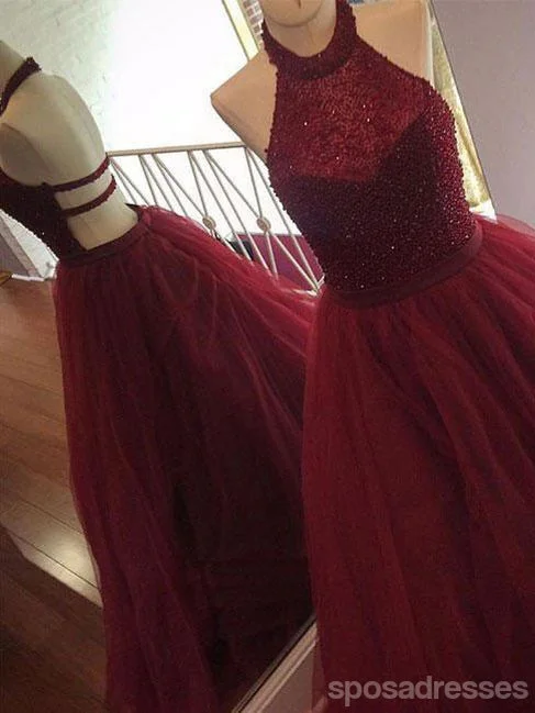 Shirred bodice casual maxi dress-Sexy Backless Maroon Halter Bodice Beaded A line Tulle Long Custom Evening Prom Dresses, 17395