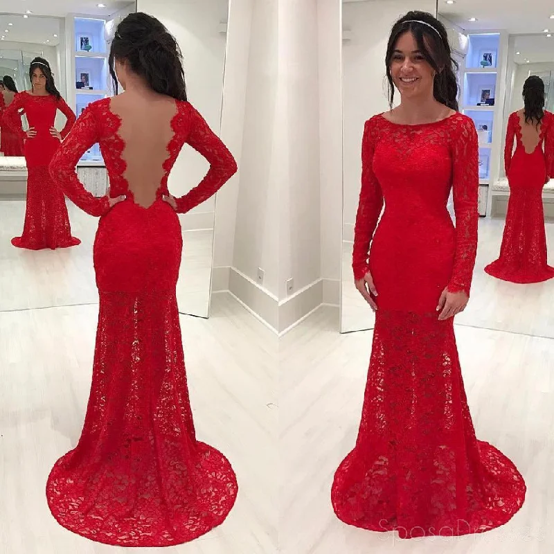 Artistic design elegant maxi dress-Sexy Backless Red Long Sleeve Lace Mermaid Evening Prom Dresses, Popular Party Prom Dresses, Custom Long Prom Dresses, Cheap Formal Prom Dresses, 17164