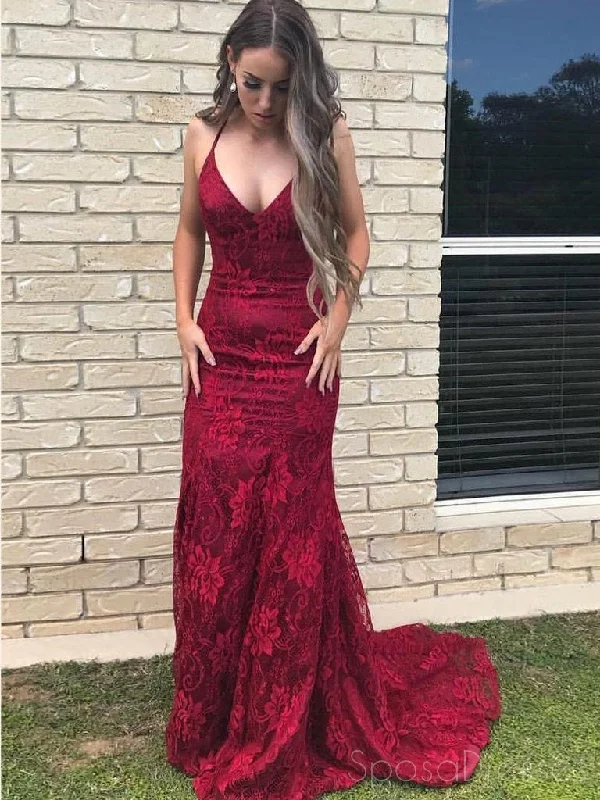 Trumpet sleeve maxi dress-Sexy Backless Red Mermaid Lace  Long Evening Prom Dresses, 17688