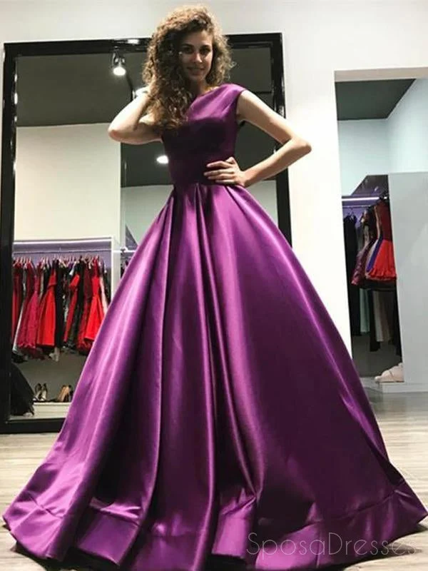 Festive look formal maxi dress-Sexy Backless Satin Bateau A line Long Custom Evening Prom Dresses, 17432