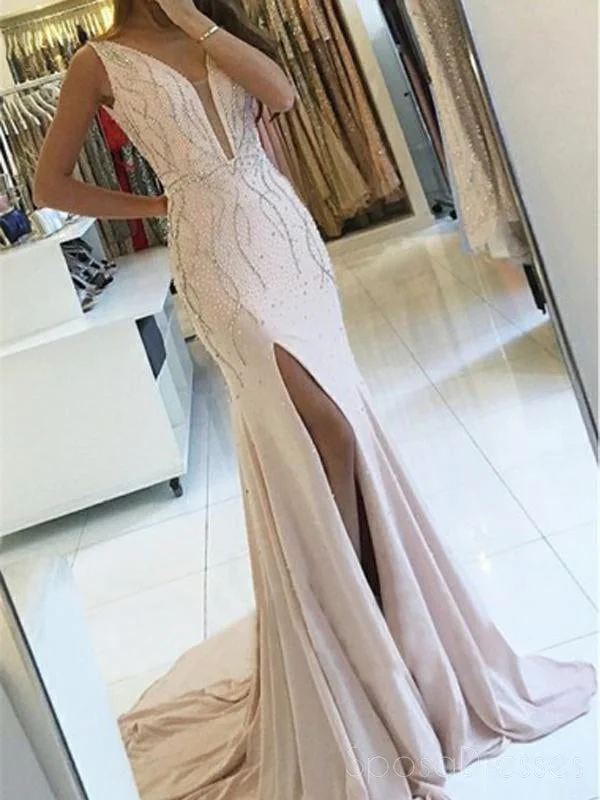 Summer floral maxi dress-Sexy Backless Side Slit Deep V Neck Mermaid Long Evening Prom Dresses, 17592