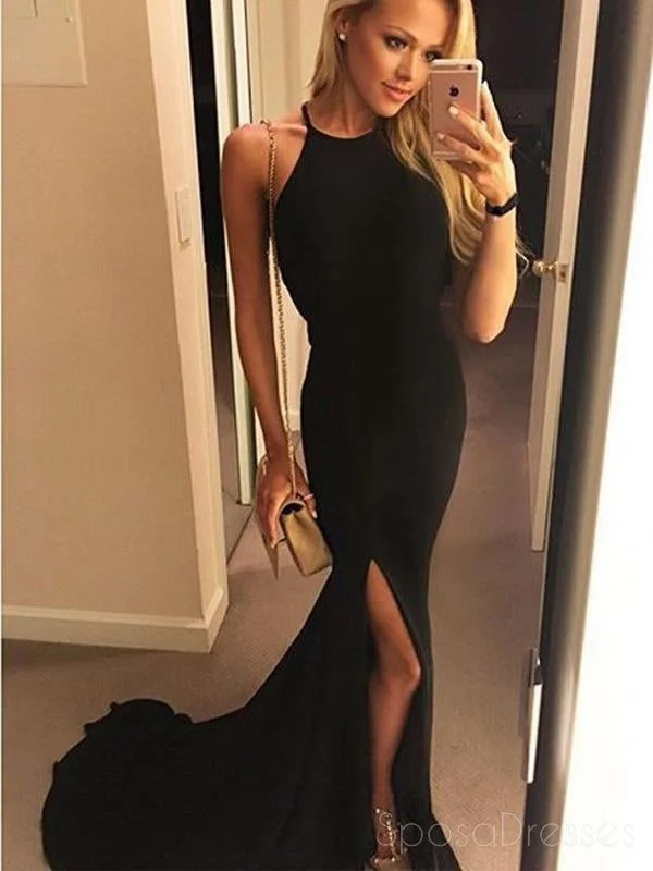 Adjustable strap summer maxi dress-Sexy Backless Side Slit Mermaid Halter Black Floor Length Custom Long Evening Prom Dresses, 17369