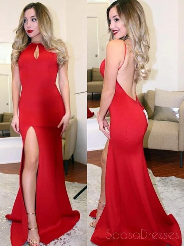 Flowy skirt beach maxi dress-Sexy Backless Side Slit Mermaid Red Long Cheap Evening Prom Dresses, 17535