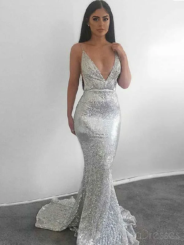 Braided strap casual maxi dress-Sexy Backless Silver Sparkly Mermaid Long Evening Prom Dresses, 17659