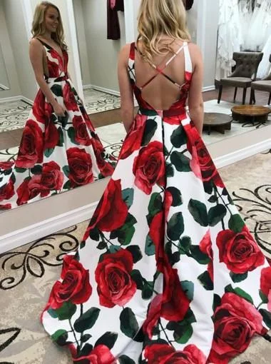 Side drawstring summer maxi dress-Sexy Backless V Neck A line Flower Long Evening Prom Dresses, 17602