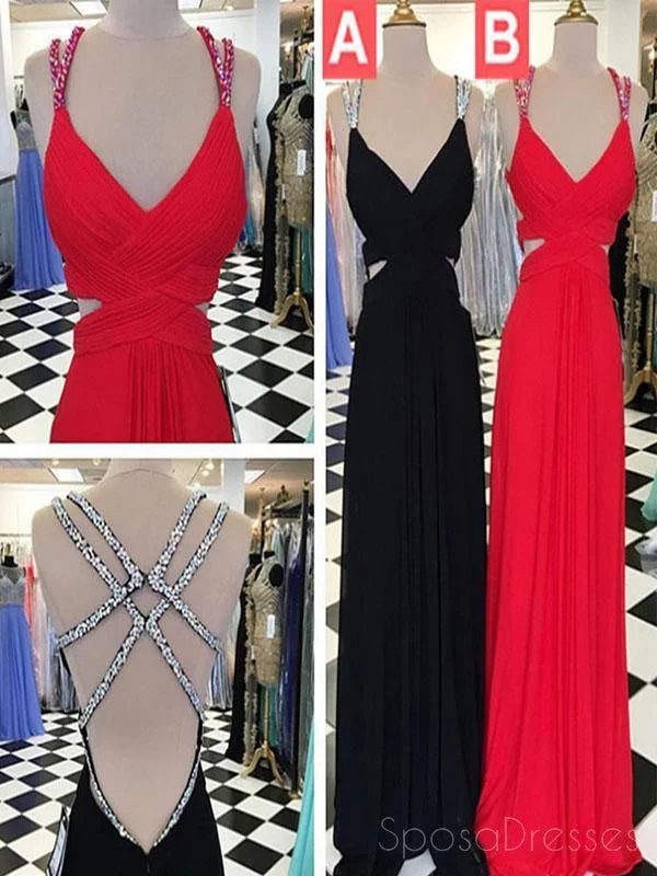 High split formal maxi dress-Sexy Backless V neck Beaded Floor Long Custom Evening Prom Dresses, 17420