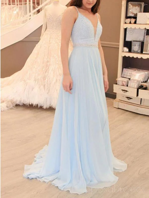 Crisscross back elegant maxi dress-Pale Blue Sexy Backless V Neck Spaghetti Straps Long Evening Prom Dresses, 17650