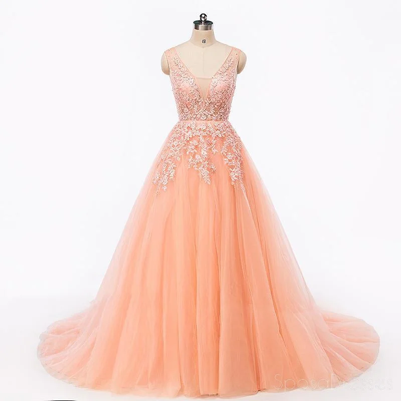 Empire waist elegant maxi dress-Sexy Backless V Neckline Lace A line Peach Long Evening Prom Dresses, Popular Cheap Long 2018 Party Prom Dresses, 17227