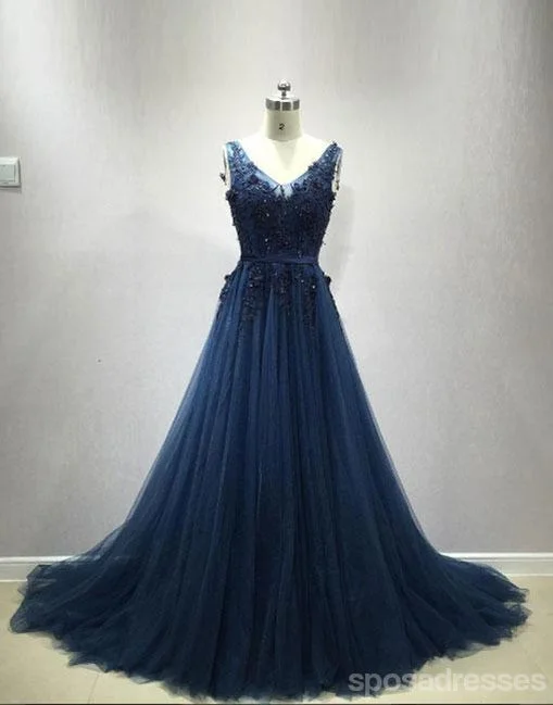 Bishop sleeve beach maxi dress-Sexy Backless V Neckline Navy Lace Beaded Evening Prom Dresses, Popular Navy Tulle Party Prom Dress, Custom Long Prom Dresses, Cheap Formal Prom Dresses, 17155