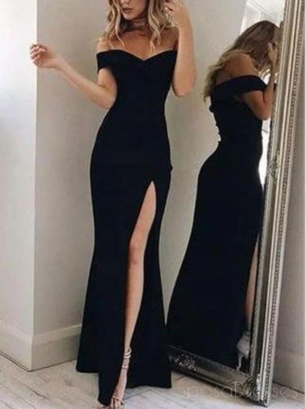 Smocked bodice boho maxi dress-Sexy Cheap Simple Off Shoulder Side Slit Black Mermaid Long Evening Prom Dresses, 17389