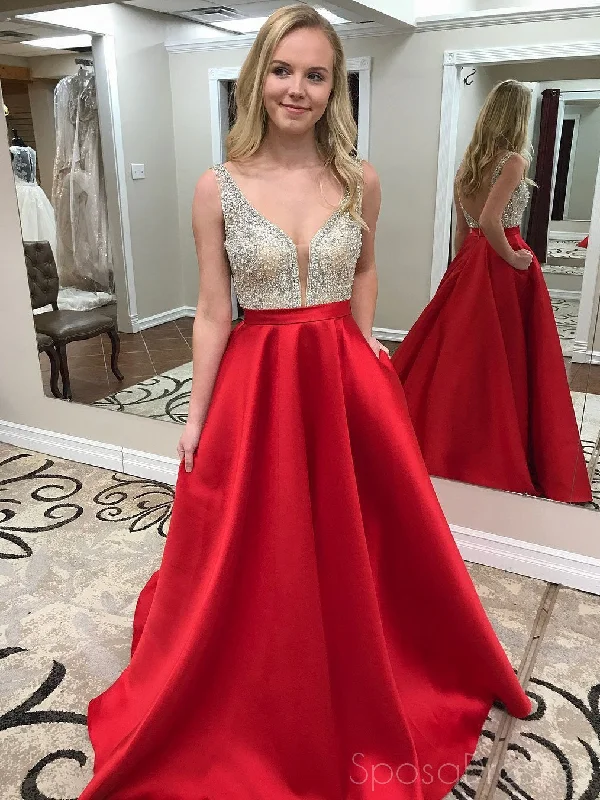 Bohemian print casual maxi dress-Sexy Backless Deep Neckline Red Skirt Delicate Beading A-line Long Evening Prom Dresses, 17356