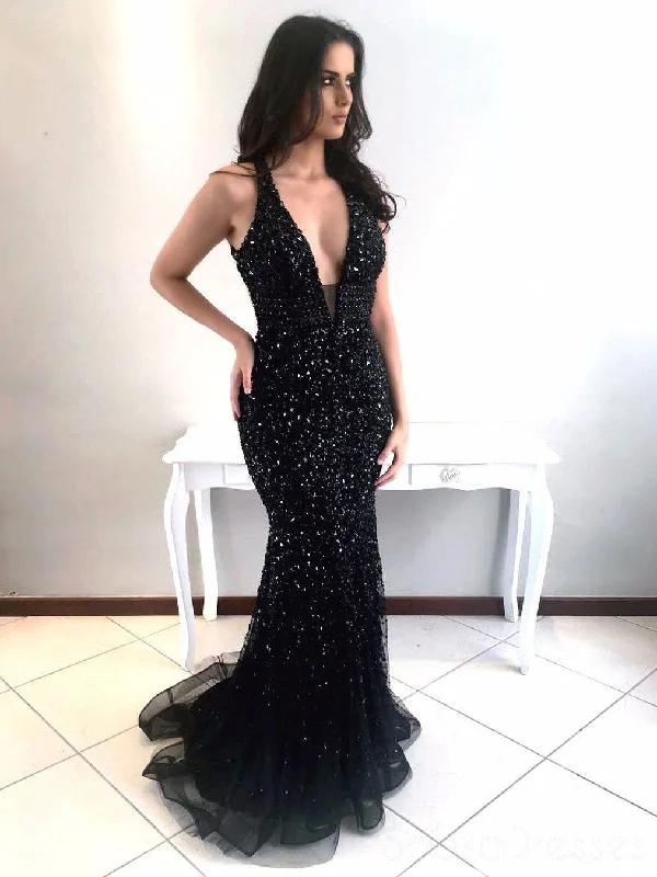 V-neckline maxi dress-Sexy Deep V Neck Black Rhinestone Mermaid Floor Length Custom Long Evening Prom Dresses, 17372