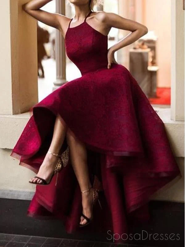 Statement sleeve beach maxi dress-Sexy Fashion High Low Maroon Lace Halter Custom Cheap Evening Prom Dresses, 17386