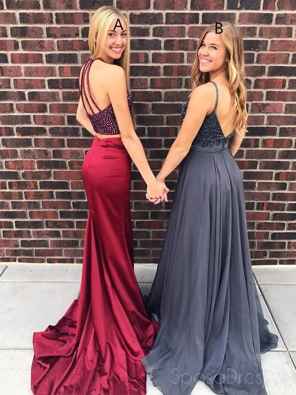 Bishop sleeve formal maxi dress-Sexy Halter Two Pieces Red Beaded Long Evening Prom Dresses, 17566