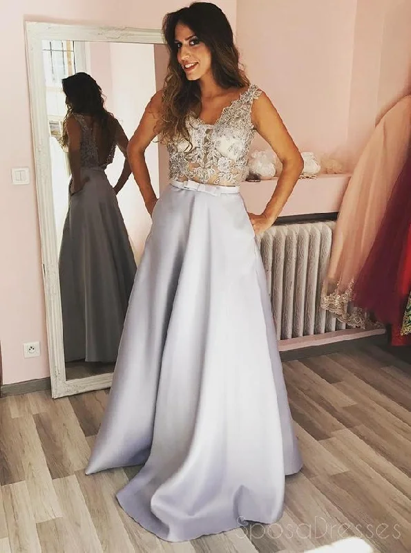 Button front maxi dress-Sexy Lace See Through Grey A-line Long Evening Prom Dresses, Sparkly Sweet 16 Dresses, 18337