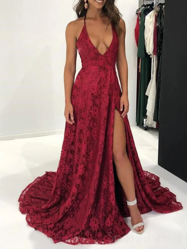 Sequin embellished maxi dress-Sexy Lace V Neck Side Slit Maroon A-line Long Evening Prom Dresses, 17711