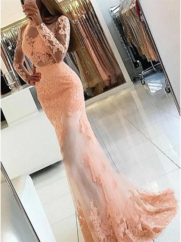 Metallic finish maxi dress-Sexy Long Sleeve Backless See Through Peach Lace Beaded Long Evening Prom Dresses, 17307