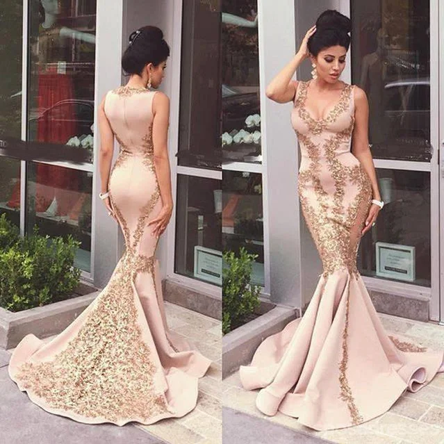 Layered tulle formal maxi dress-Sexy Mermaid Gold Lace Evening Prom Dresses, Long Deep V Neckline Party Prom Dress, Custom Long Prom Dresses, Cheap Formal Prom Dresses, 17071