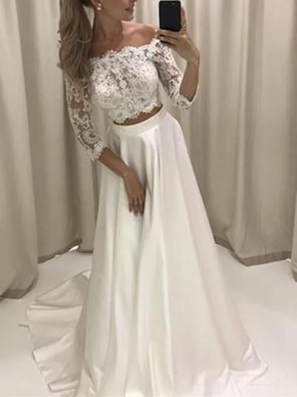 Artistic design elegant maxi dress-Sexy Off Shoulder Long Sleeve Two Pieces White Long Evening Prom Dresses, 17467