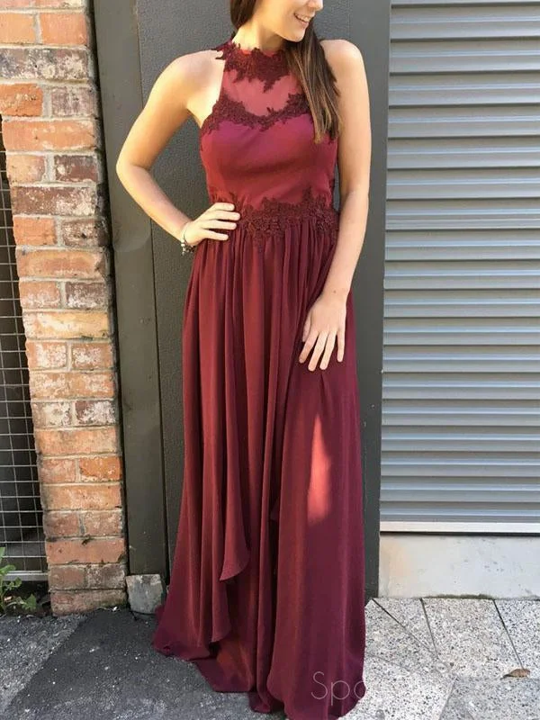 Lace trim elegant maxi dress-Sexy Open Back Maroon Halter Chiffon Long Evening Prom Dresses, 17519