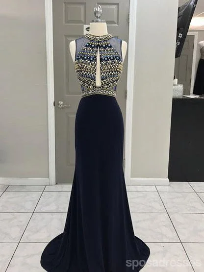 Beaded detail formal maxi dress-Sexy Open Back Delicate Beading Navy Mermaid Custom Long Evening Prom Dresses, 17361