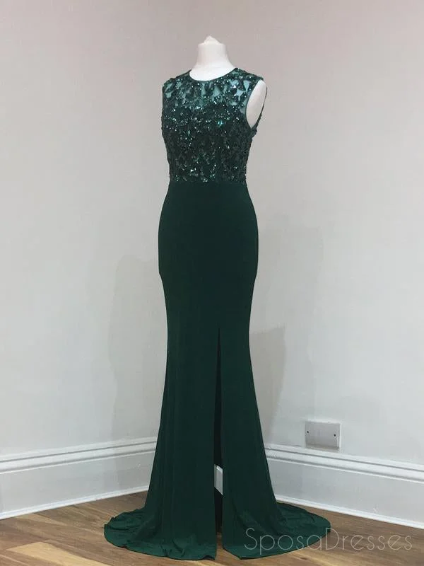 Intricate beading elegant maxi dress-Sexy Open Back Emerald Green Side Slit Mermaid Sequin Lace Long Evening Prom Dresses, Popular Cheap Long Custom Party Prom Dresses, 17315