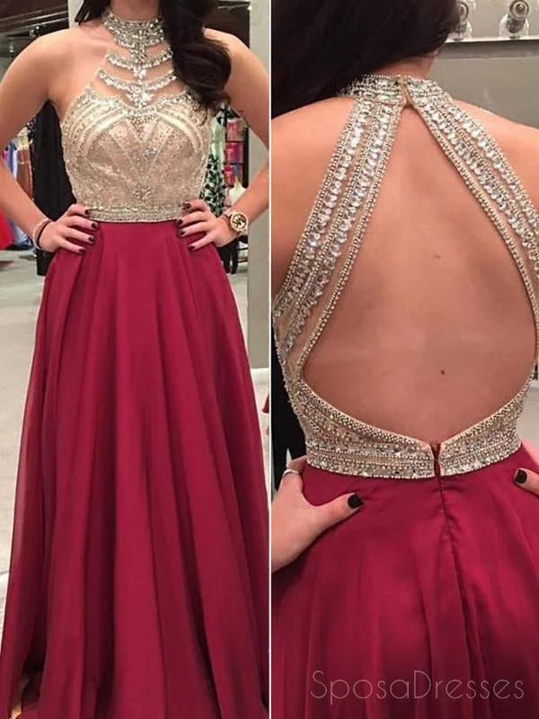 Tulip skirt casual maxi dress-Sexy Open Back Halter Dark Red Two Beaded Custom Long Evening Prom Dresses, 17481