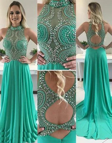 Cotton fabric casual maxi dress-Sexy Open Back Halter Delicately Beaded Green Long Evening Prom Dresses, Popular Cheap Long Custom Party Prom Dresses, 17341