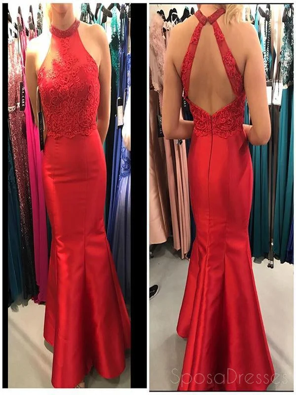 Tiered bodice boho maxi dress-Sexy Open Back Halter Red Mermaid Long Evening Prom Dresses, 17486