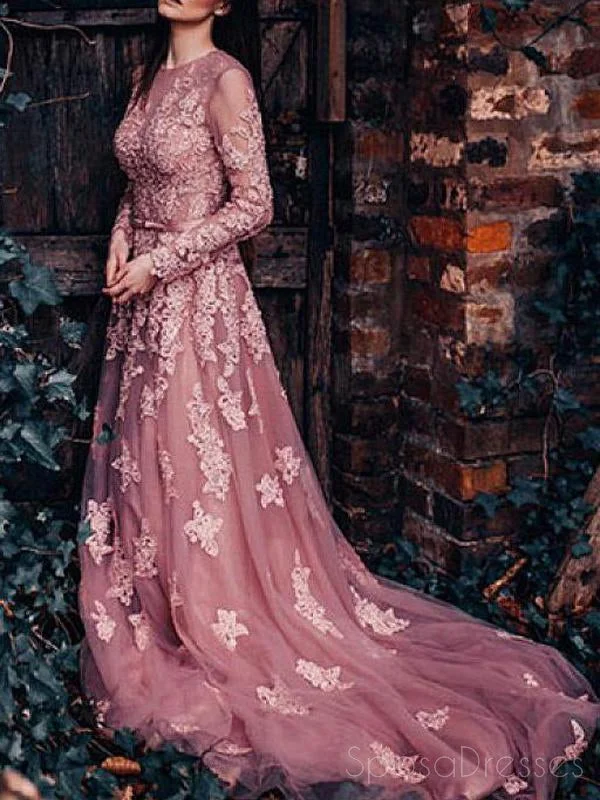 Trumpet sleeve maxi dress-Sexy Open Back Pink Long Sleeve Lace Long Evening Prom Dresses, 17484