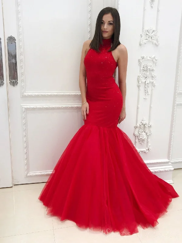 Elegant evening maxi dress-Sexy Open Back Red Heavliy Beaded Mermaid Tulle Evening Prom Dresses, 17541