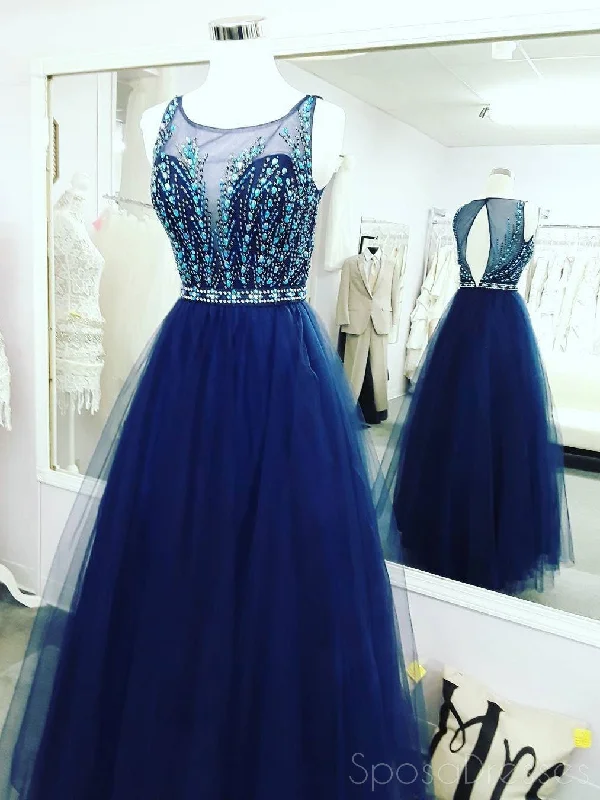 Cap sleeve summer maxi dress-Sexy Open Back Royal Blue Delicate Beading Rhinestone A line Tulle Long Evening Prom Dresses, 17346