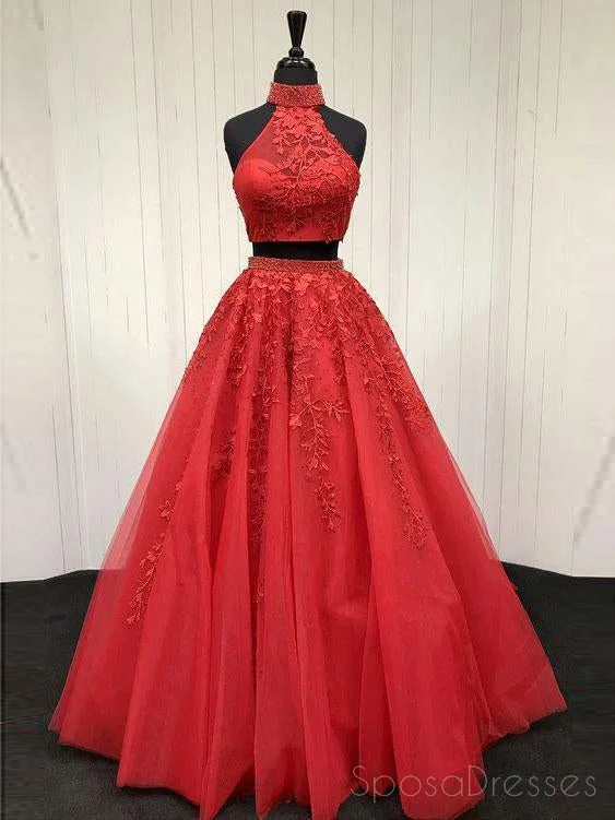 Side pocket beach maxi dress-Sexy Open Back Two Pieces Halter A line Red Lace Long Custom Evening Prom Dresses, 17393